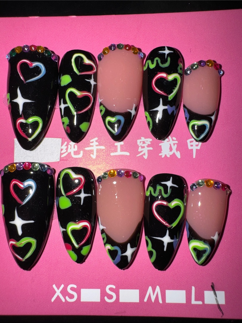 Black Heart Accent Press-On Nail Set with Rhinestones